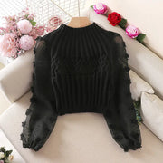 High quality sweet floral puff sleeves half high neck sweater