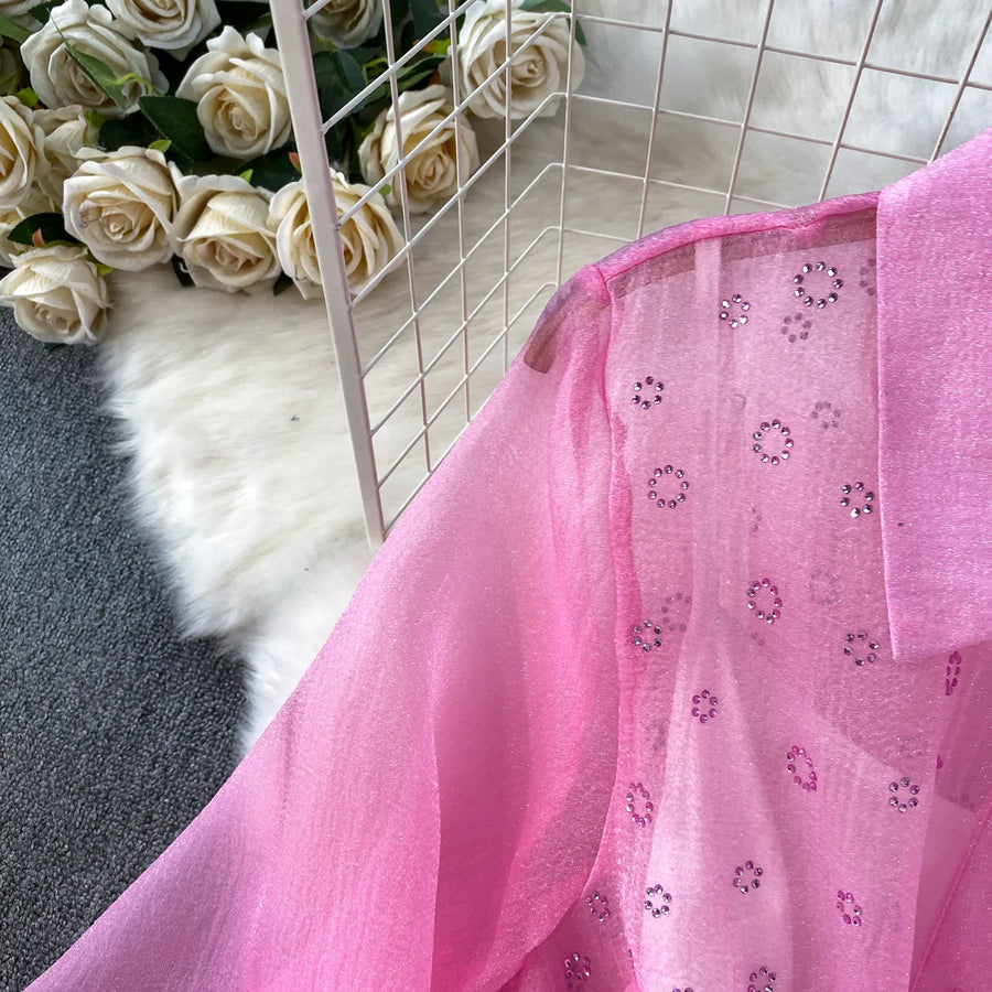 Fashion Temperament Bandage Slim Waist Dress Fairy Gauze Ruffled Long Robe Turn-down Collar Single Breasted Diamonds Vestidos