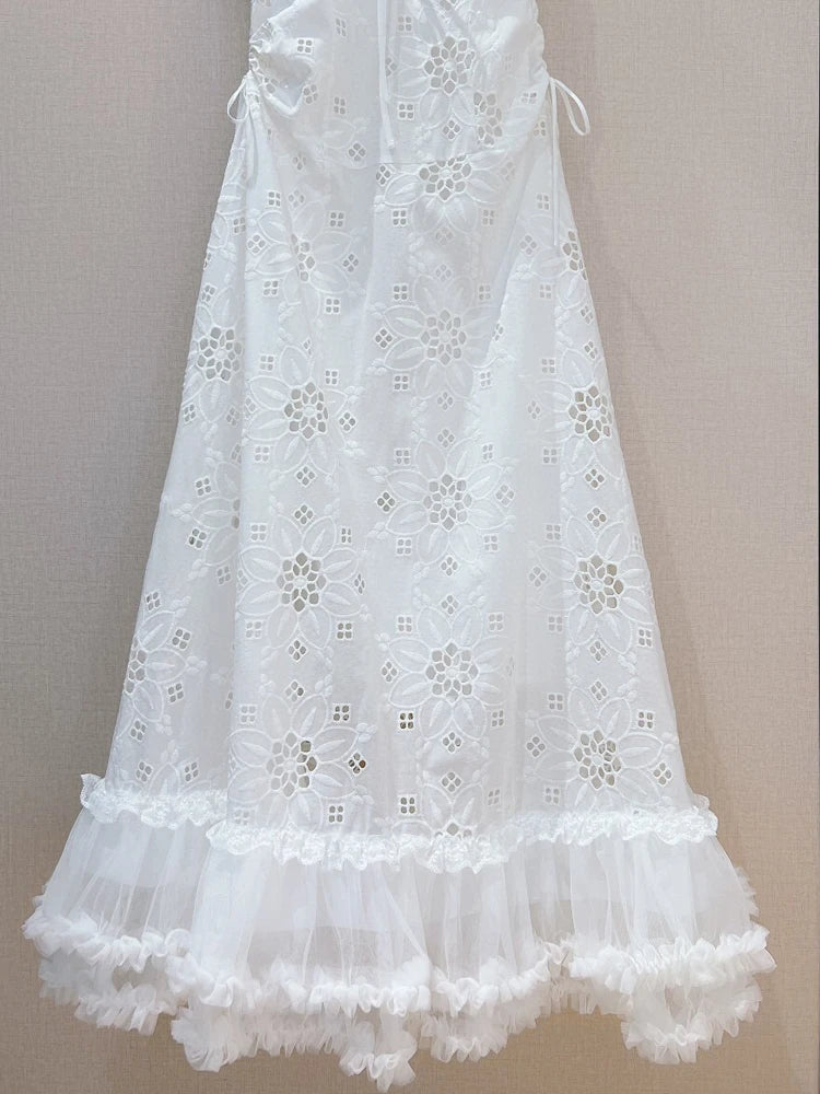 Elegant spaghetti strap openwork lace dress with high quality white lace