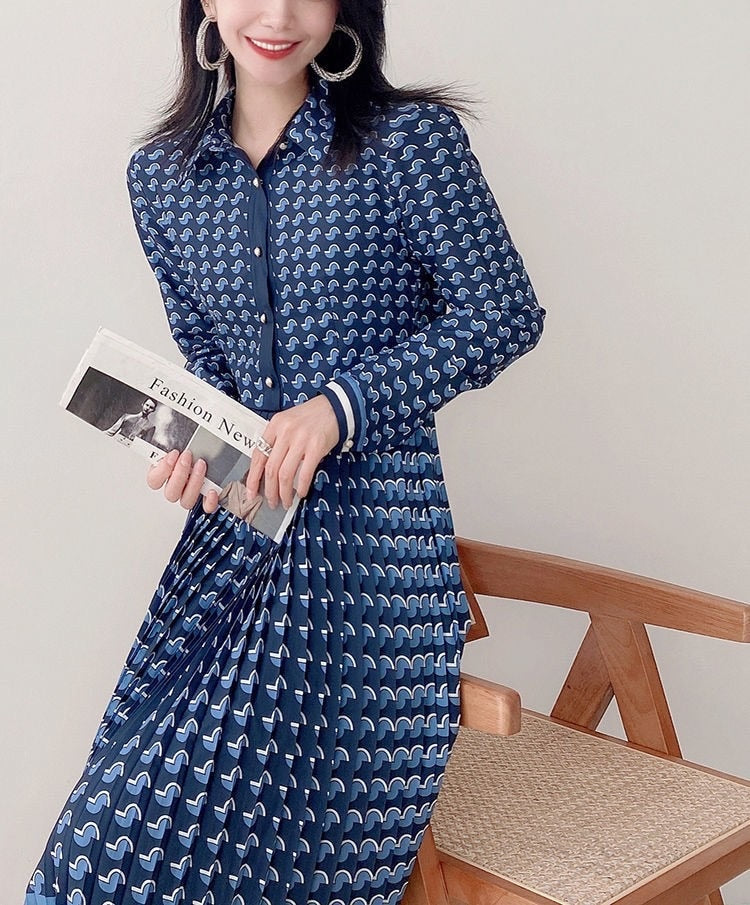 Blue Plaid Turndown Collar Long Sleeve Pleated High Waist Elegant High Quality Dresses