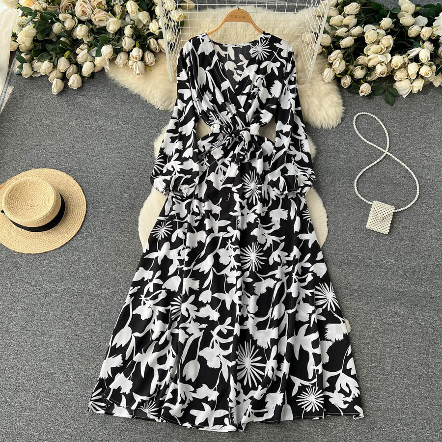 High Quality Multi Colors V Neck A-Line Floral Long Sleeve Dress