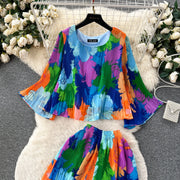 Autumn Women Draped Two Piece Set Bohemian Female Floral Pleated Short Blouse + High Waist Wide Leg Pants Chiffon Suit 2Pcs New