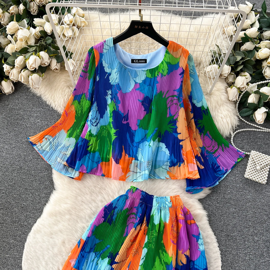 Autumn Women Draped Two Piece Set Bohemian Female Floral Pleated Short Blouse + High Waist Wide Leg Pants Chiffon Suit 2Pcs New