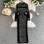 High Quality O Neck Long Sleeve Bodycon Sexy Rhinestones Velvet Vintage Elegant Dresses