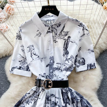 Vintage Turndown Collar Short Sleeve Ink Print High Quality Leather Belt Maxi Dress