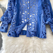 Summer Embroidery Maxi Dress Two Piece Set Women Blue Hollow Lace Long Sleeve Blouse Shirts 3pcs Sets Elastic Waist Skirts Suits