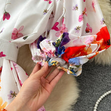 Runway Fashion V-Neck Short Lantern Sleeve Flower Print Belted Holiday Long Robes