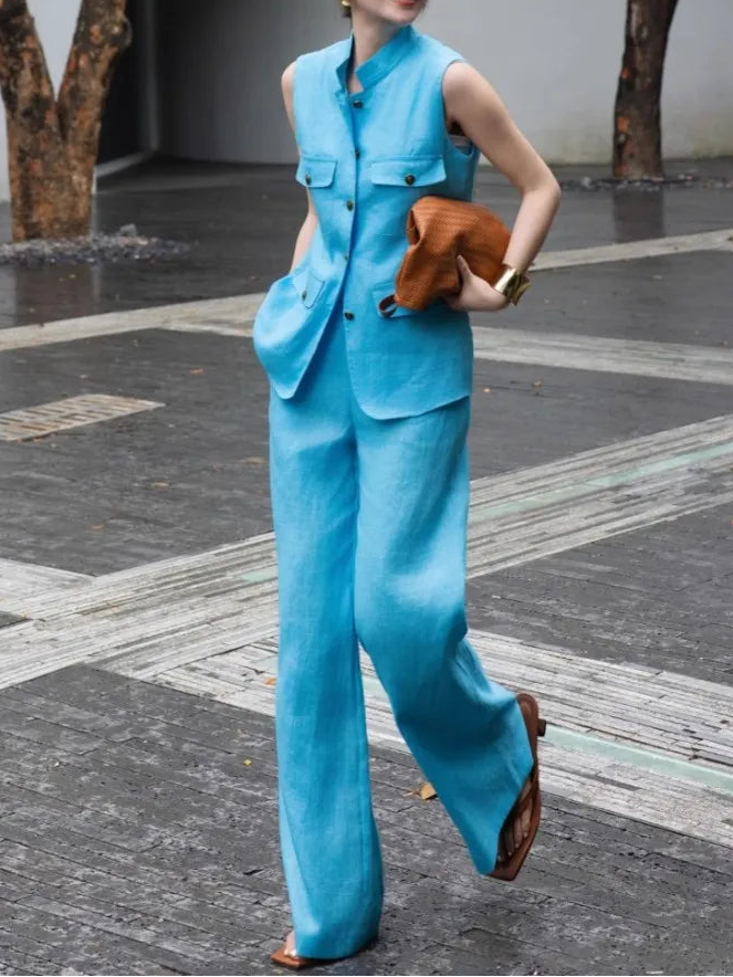 Summer Womens Sleeveless Linen Sets Stand Collar Fashion Office Lady Two Piece Vest Set Thin Full Length Wide Leg Pant Outfits