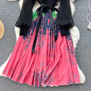 High Quality Flower Print Knitted Mesh Stitching Lantern Sleeve Pleated Dress