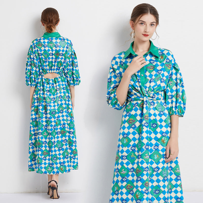 High Quality Three Quarter Sleeve Square Print Long Dress