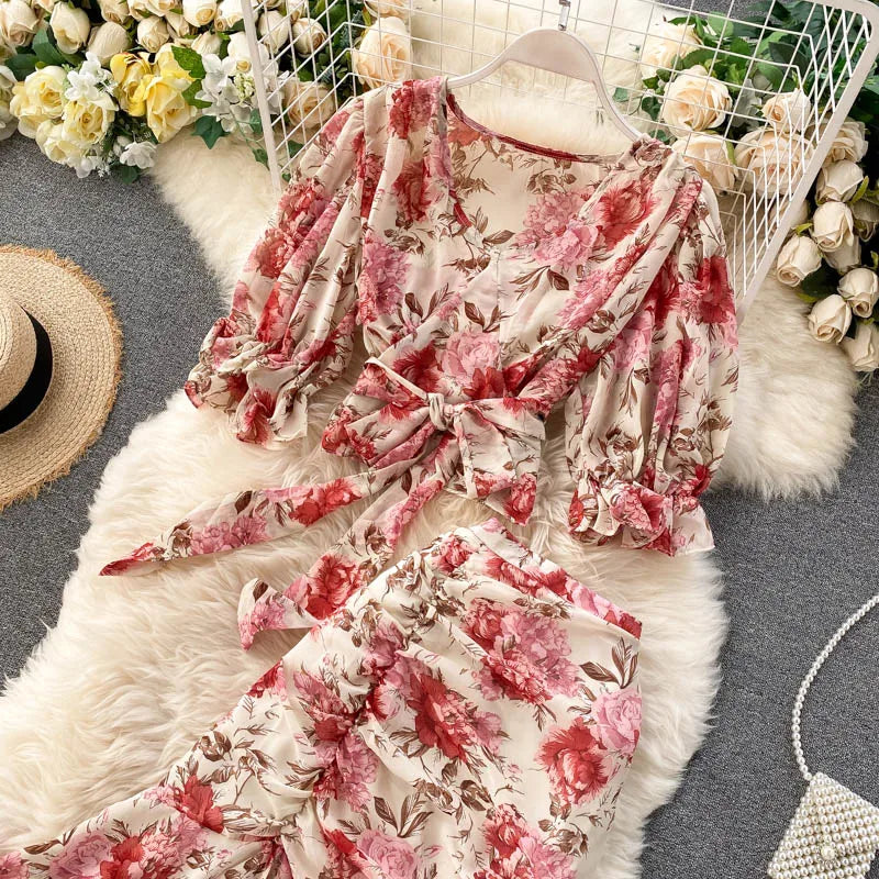 Sexy Two Pieces Sets Chic Bandage chiffon Shirt Top with sweet High Waist mermaid Skirt Beach Vacation Sets