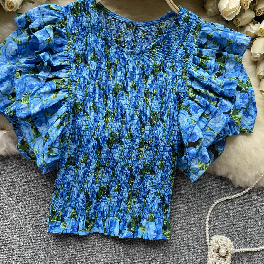 ruffle blouse  Floral Print Round Neck Elegant High Quality Elastic Waist