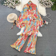 Elegant two-piece set pleated summer chiffon shirt + high-quality floral print pleated wide-leg pants