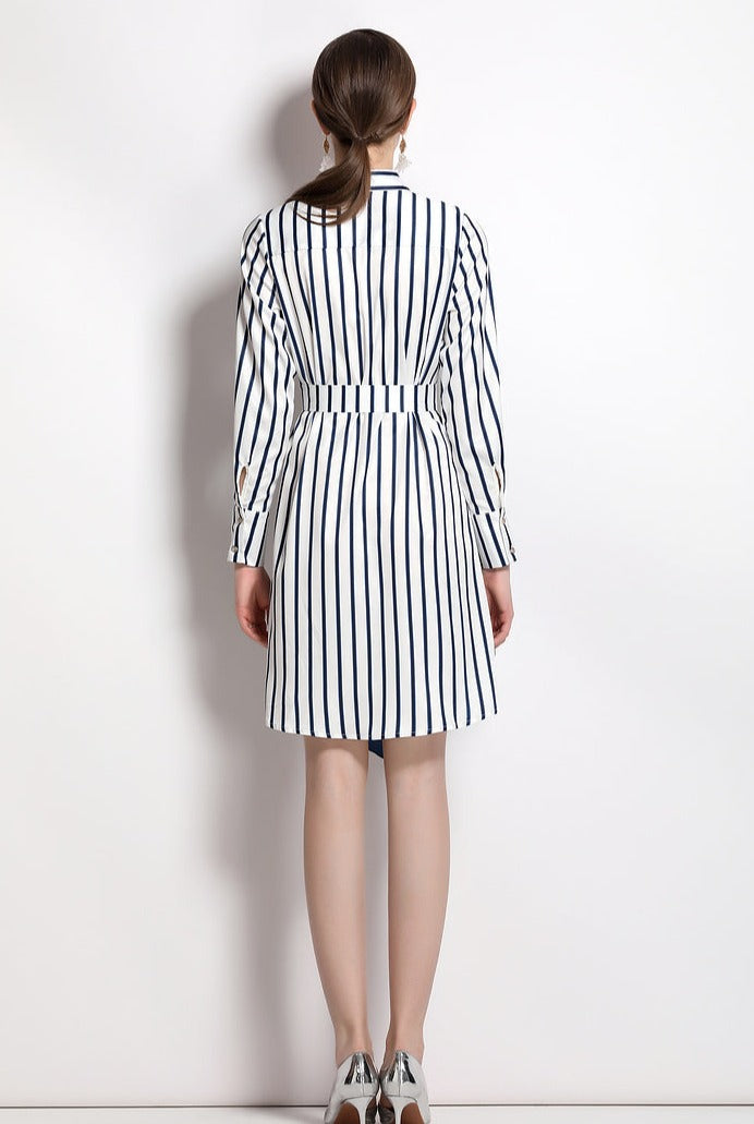 Striped Print Long Sleeve Dress, Silk Scarf Splicing Lace-up and High Quality Belt