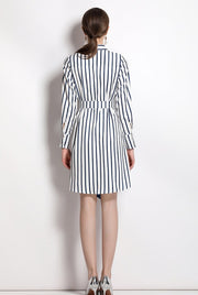 Striped Print Long Sleeve Dress, Silk Scarf Splicing Lace-up and High Quality Belt