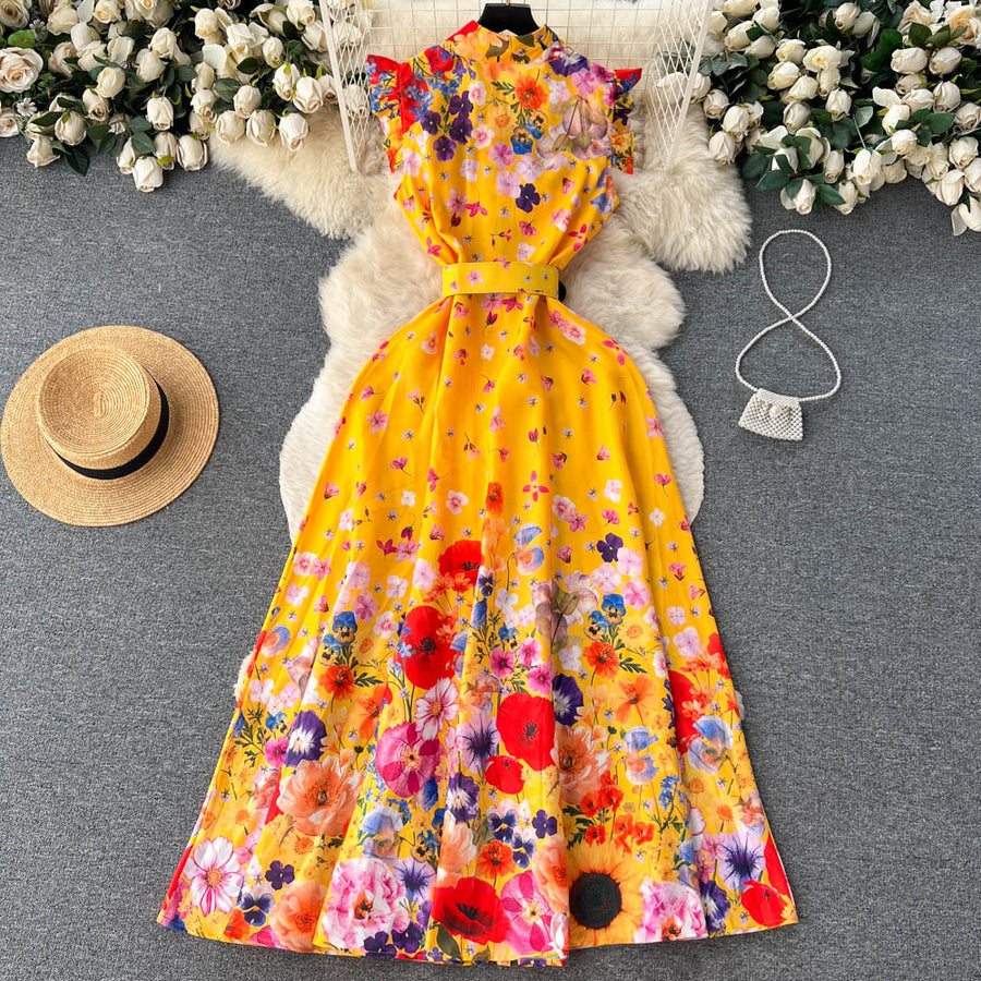 High quality belted ruffle sleeveless flower print dress