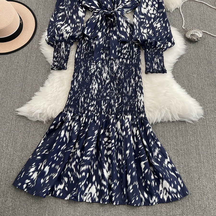 Retro Sweet V Neck Slim Lace -up Print Autumn Summer Elegant Elastic Dress A-line Long Sleeve Vacation Women Mermaid Dresses