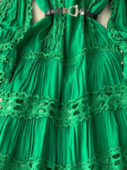High-waisted dresses with openwork lace and patchwork, fitted, A-line, round neck, high-quality puff sleeves