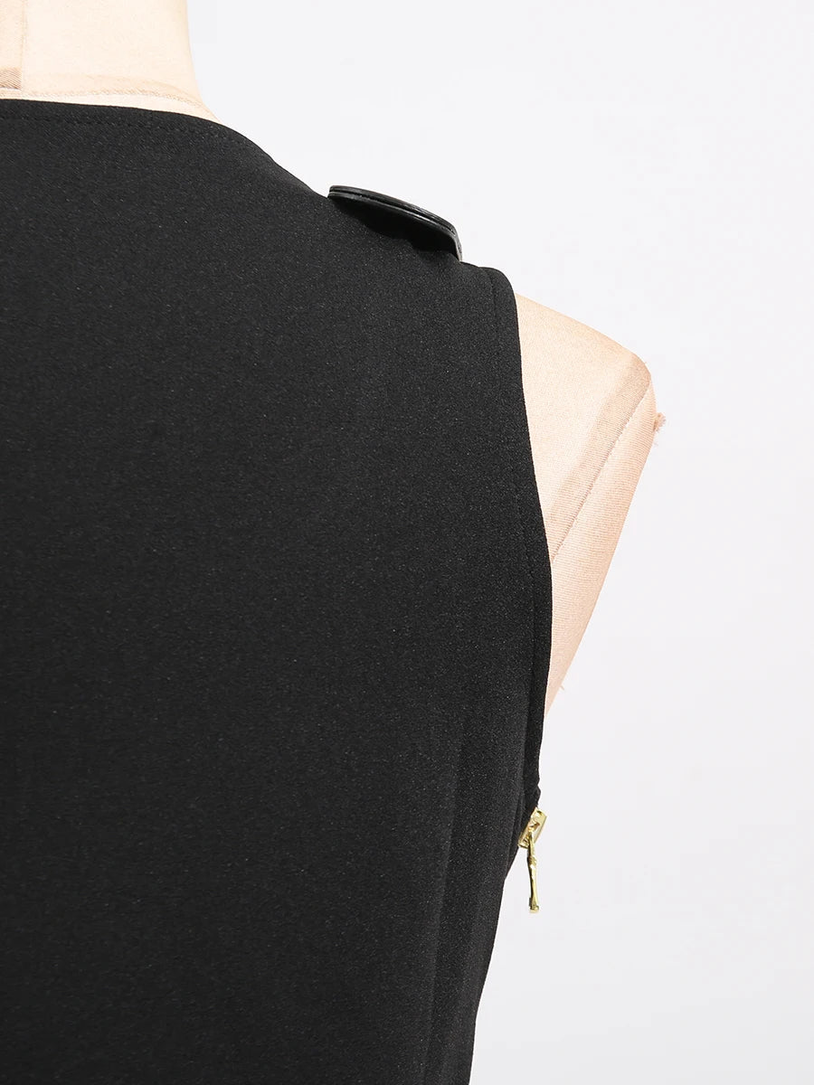 Square neck, sleeveless, patchwork top with high quality metal buckle