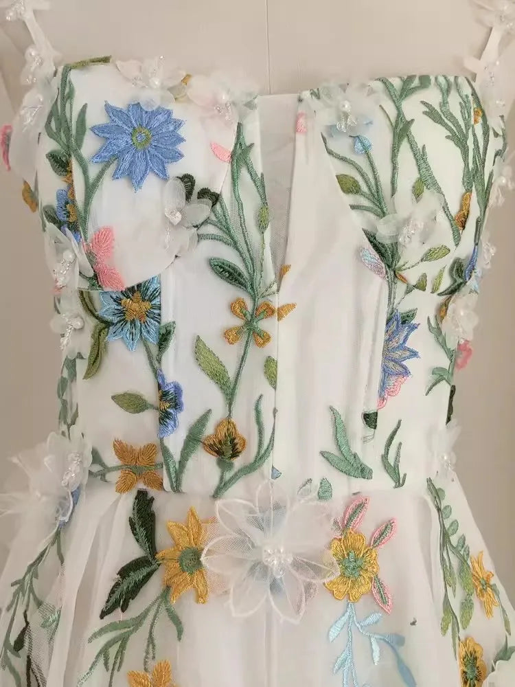 Spaghetti strap dress, colorful flower embroidery, slim mesh, high quality elegant