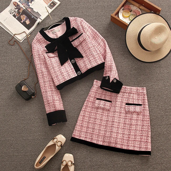 High Quality Tweed Short Jacket+Mini Skirt Two Piece Set