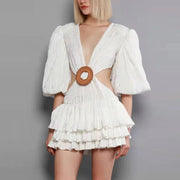 Summer New Women's Fashion Waistless A-line Short Dress Sexy Solid Color Deep V-neck Bubble Sleeve Waist Hollow Party Dress