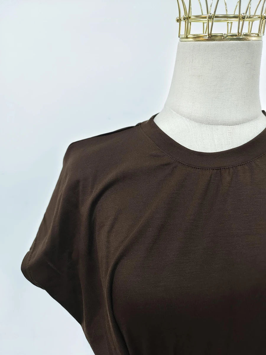 French retro round neck, short sleeve, high waist, straight dress with high-quality spliced metal pins