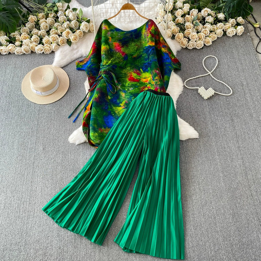 Loose Fit Miyake Style Pleated Matching Suit Women Oversized Bat Sleeve Drawstring Print Tunic + Pleated Wide Leg Pants Set