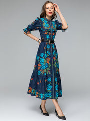 Floral three-quarter sleeve midi dress with high quality belt