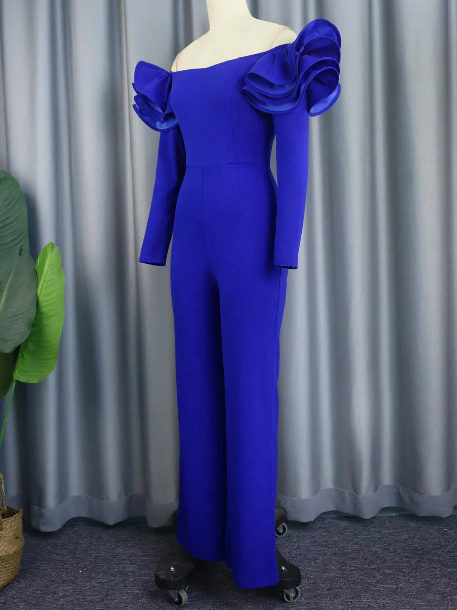 High Quality Elegant Off Shoulder Long Sleeve Wide Straight Leg Blue Jumpsuit