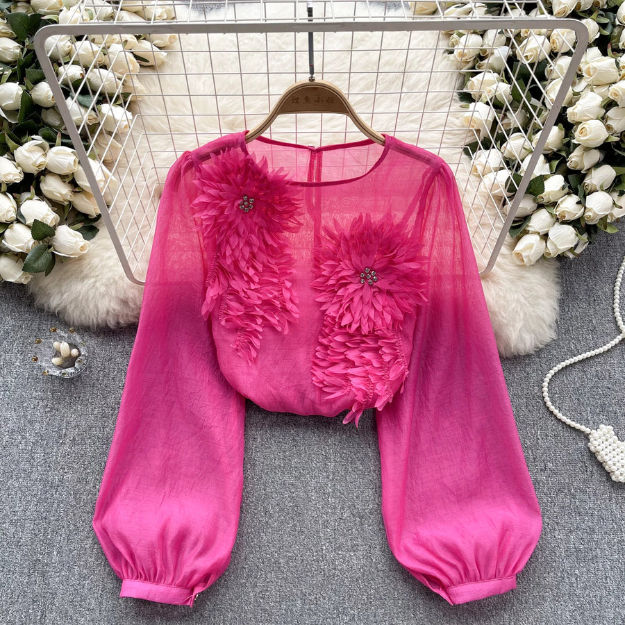 High Quality Round Neck Long Sleeve Sheer Bohemian Top