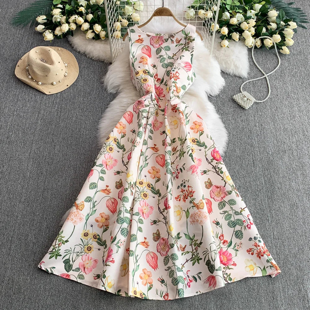 Fashion Elegant Print Sleeveless Dress Women Summer New Slim Waist Gown Ball Big Swing Robe Fresh Temperament Vestidos