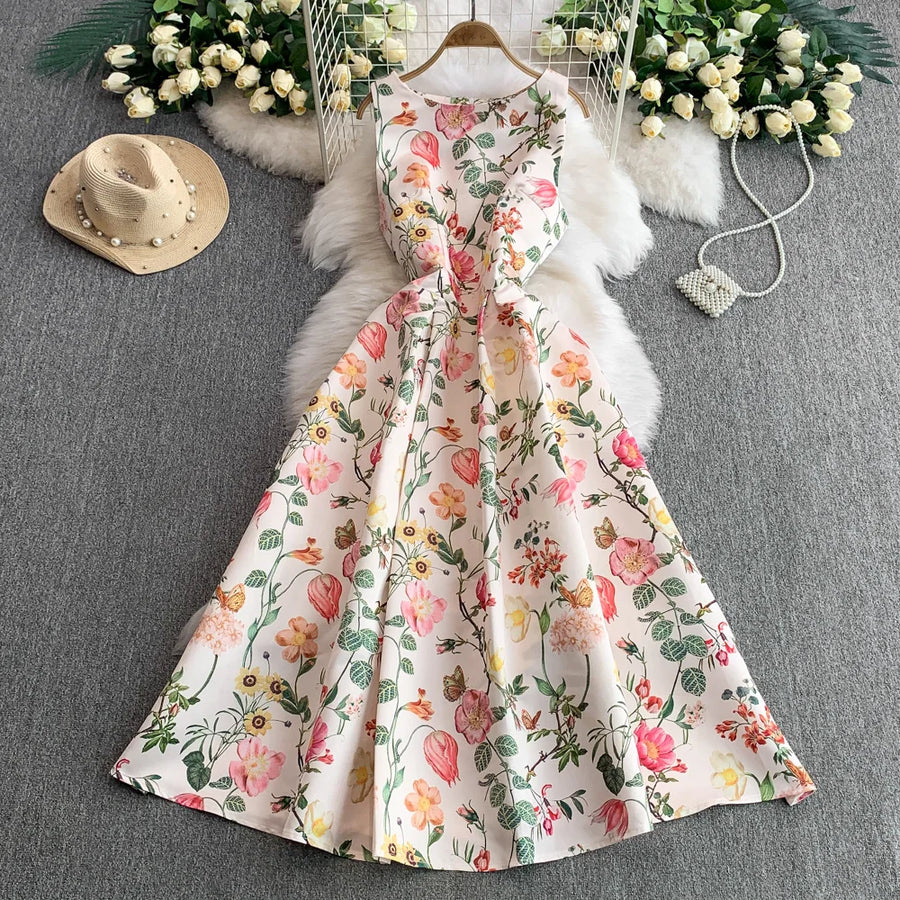 Fashion Elegant Print Sleeveless Dress Women 2026 Summer New Slim Waist Gown Ball Big Swing Robe Fresh Temperament Vestidos