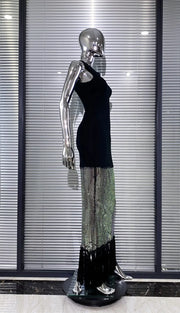 Black bodycon dress with tassel hem and shiny mesh with diamonds