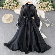 Fashion Temperament Bandage Slim Waist Dress Fairy Gauze Ruffled Long Robe Turn-down Collar Single Breasted Diamonds Vestidos