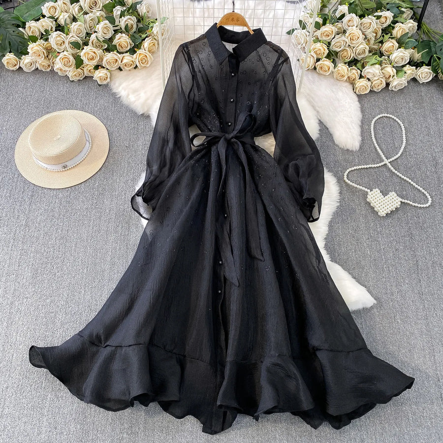Fashion Temperament Bandage Slim Waist Dress Fairy Gauze Ruffled Long Robe Turn-down Collar Single Breasted Diamonds Vestidos