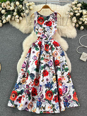 High Quality O Neck Sleeveless Floral Midi Dress