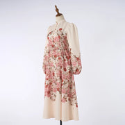Elegant dress with floral print, high neck, long sleeves with high-quality belt