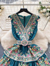 High Quality Belted Floral Print V Neck Sleeveless Dress