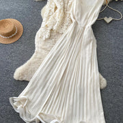 Lace Ruffle Camis Midi Dress Two Pieces Sets V Neck Top  Vintage   Tulle Pleated  Skirt   High Waist A-line Skirt Fall Sets