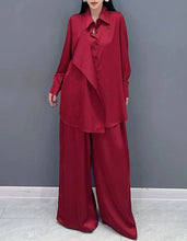 Red and Blue Solid Color Matching Loose Sets Long Sleeve Shirt+Wide Leg Pants High Quality