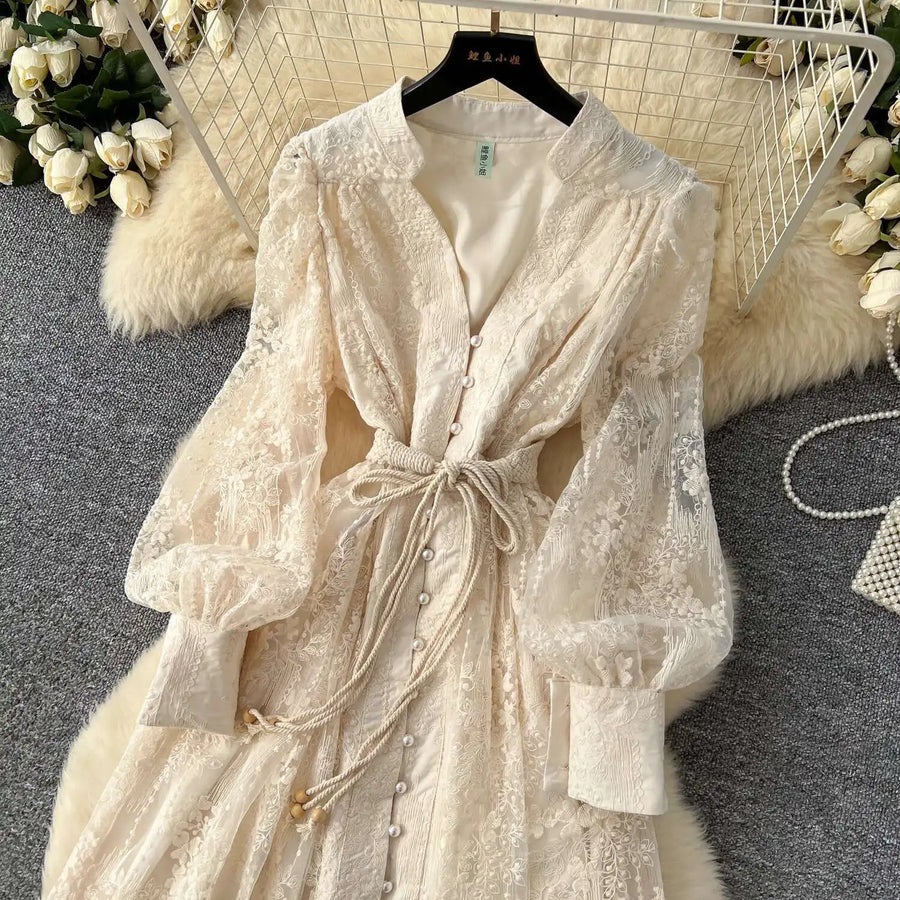 Luxury Embroidery Formal Dresses Women Summer Autumn Lantern Long Sleeve Lace Vestidos Pearl Prom Evening Birthday Dress Party
