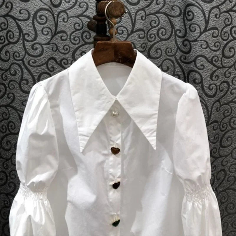 Camisas De Mujer Puff Sleeve Pointed Collar Blouses Women Temperament Ladies Tops Tunic White Shirts Vintage Korean Blouse