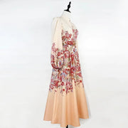Floral print dress with long sleeves, high neck, and belt, high quality midi length