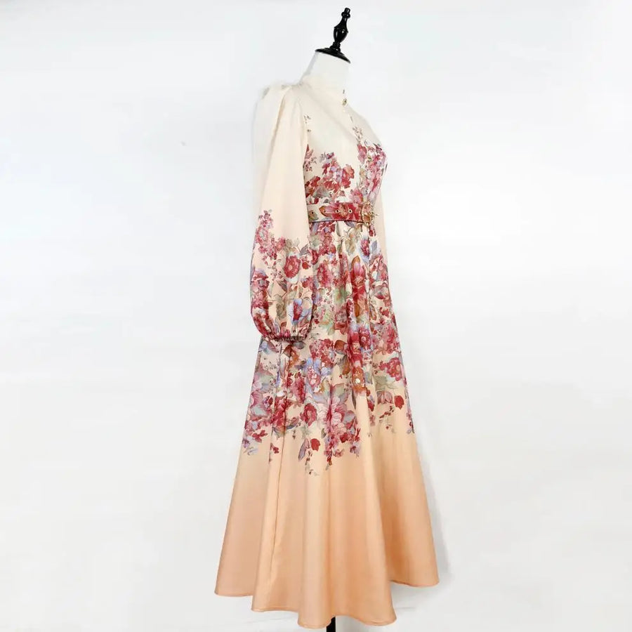 Floral print dress with long sleeves, high neck, and belt, high quality midi length