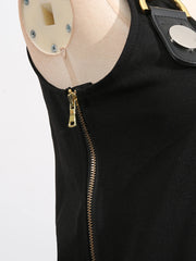 Square neck, sleeveless, patchwork top with high quality metal buckle