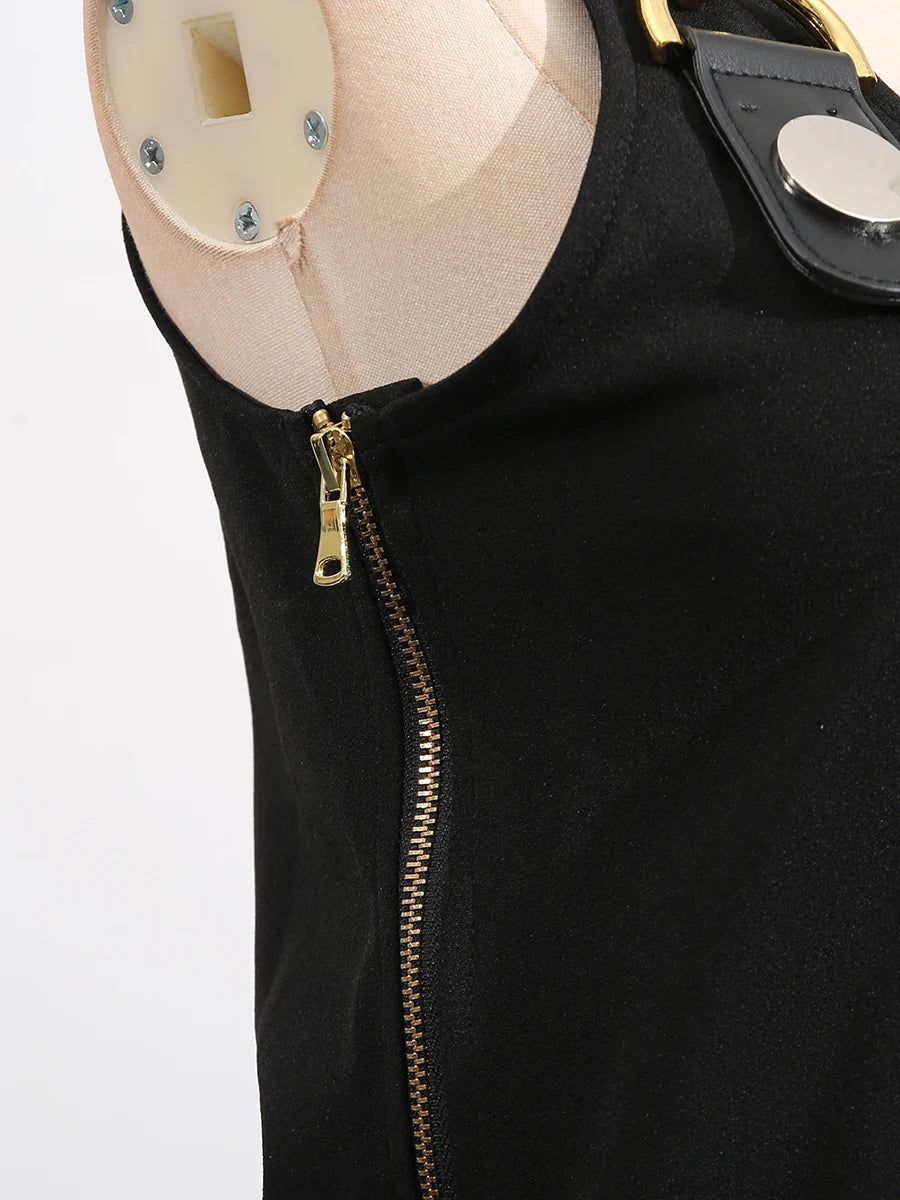 Square neck, sleeveless, patchwork top with high quality metal buckle