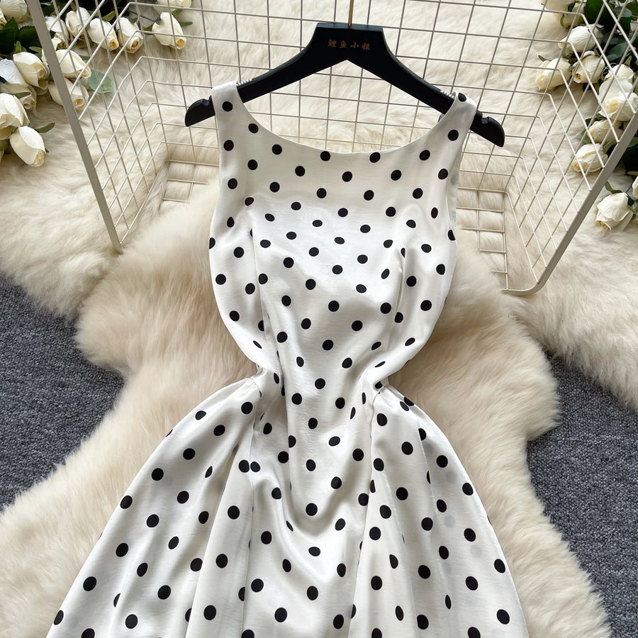 Sexy Backless Polka Dot Maxi Dress High Waist Slimming Summer Korean Style Sleeveless Women's Dress