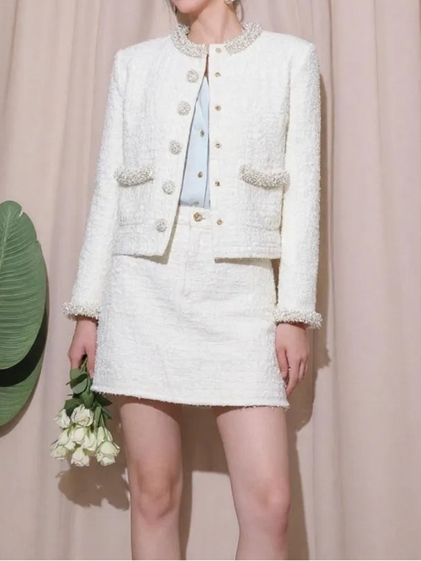 Fashion Autumn New Women Slim Fit Pearls Beading Tweed Jacket Mini Wrap Skirt Two Piece Set Elegant Ladies Birthday Party Sets