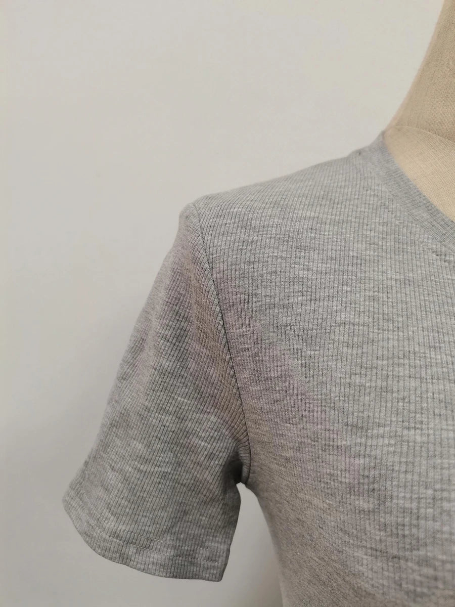 Casual plain pleated patchwork round neck short sleeve t-shirts with spliced metal buckle